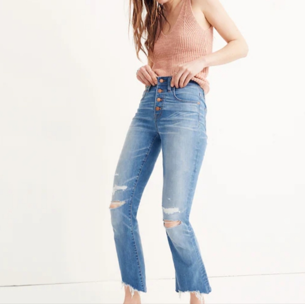 Madewell Cali Denim Bootcut Jeans Button Front Distressed Size 30 Waist